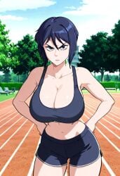 1girls ai_generated angry bangs bare_arms bare_shoulders big_breasts big_breasts blue_hair breasts breasts busty busty_female cleavage exposed_shoulders female female female_focus female_only frown hands_on_hips huge_boobs huge_breasts large_boobs large_breasts laurie_lowell outdoors outside pantheon_(series) running_track short_hair shorts solo solo_female solo_focus sports_bra trees