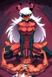 1boy 1girls 2demons abs ai_generated bare_arms bare_legs bare_shoulders bare_thighs big_breasts big_penis bikini bikini_bottom bikini_top color cowgirl_position demon demon_boy demon_girl demon_horns demon_tail female fit_female gigiti helluva_boss hi_res large_breasts long_hair looking_at_viewer looking_pleasured male male/female male_penetrating moxxie_(helluva_boss) muscles muscular muscular_female muscular_male penetration penile_penetration penis_in_pussy pink_body pink_skin pleasure_face sex succubus succubus_horns succubus_tail thick_thighs vaginal_penetration verosika_mayday_(helluva_boss)