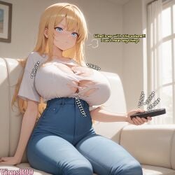 :i :t ai_generated anger_vein angry areola areola_slip arm_support artist_name bimbofication blonde_hair blue_eyes blue_pants blush body_control boob_window breast_expansion breasts breasts_bigger_than_head bursting_breasts busty busty_female button_gap cleavage closed_mouth clothing_cutout collarbone comic controller couch covered_nipples curtains curvy day denim drawing_(object) english_text expansion feet_out_of_frame female frown game_controller gigantic_breasts high-waist_pants holding holding_controller holding_remote_control huge_areolae huge_breasts hyper hyper_breasts indoors jeans large_breasts long_hair looking_at_viewer massive_breasts nipples no_bra oc on_couch open_mouth original original_character pants patreon_logo patreon_username phone picture_frame pout puff_of_air remote remote_control shirt shirt_tucked_in shocked short_sleeves sidelocks sitting solo speech_bubble straight_hair sunlight surprised surprised_expression t-shirt tagme taut_clothes taut_shirt television tented_shirt thick_thighs thighs tight_clothes tight_clothing tight_shirt torn_clothes torn_clothing torn_jeans torn_pants torn_shirt transformation twitter_username undersized_clothes v-shaped_eyebrows very_long_hair virusb90 voluptous voluptous_female watermark web_address white_shirt window wobbling_breasts