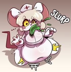 anthro belly big_belly big_breasts blonde_hair blush breasts clothed clothing damm_(terrible_mouse) eyelashes female fur goo_creature hair hat headgear headwear hi_res lhacedor looking_confused lorna_(terrible_mouse) mammal mouse murid murine navel nurse_clothing nurse_hat nurse_headwear nurse_uniform pawpads rodent round_ears sitting slightly_chubby slime slurping solo spread_legs spreading tail terrible_mouse uniform vore white_body white_fur yellow_sclera