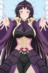 ai_generated bangs bare_shoulders black_dress black_hair blush breasts detached_sleeves digitalwaifugallery dress female female_only fur_trim headpiece hi_res high_quality high_resolution large_breasts long_hair looking_at_viewer lying nihon_e_youkoso_elf-san. on_back outstretched_hand parted_bangs patreon reaching_out seductive sexy smile solo uncensored very_long_hair watermark wridra_(elf-san)