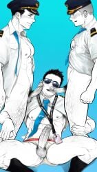 3boys abs armpit_hair artisticjinsky balls balls_out beard_stubble beefy big_areola big_penis blowjob blue_background blush bottomless briefs buzz_cut curved_penis dark_hair erection fellatio foreskin foreskin_folds gay group group_sex hand_on_knee hand_on_leg hi_res huge_cock leg_hair licking licking_penis looking_at_another looking_pleasured male male/male male_only mature_male muscles muscular muscular_legs muscular_male muscular_thighs name_tag necktie open_clothes oral oral_sex original original_character pecs penis penis_out pilot pilot_hat pilot_suit pubic_hair quadriceps retracted_foreskin sex short_hair side_view simple_coloring sitting six_pack socks spread_legs standing sunglasses thick_penis threesome tongue_out uncensored uncircumcised uncut underwear_aside veiny_penis white_shirt yaoi