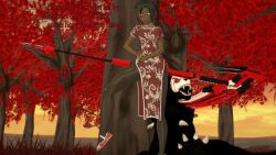 3d 3d_(artwork) 3d_model black_hair black_lipstick cheongsam china_dress crescent_rose dark-skinned_female dark_skin dezerbitch grimm_(rwby) race_swap ruby_rose rwby scythe short_hair silver_eyes stockings tan_body tan_skin weapon