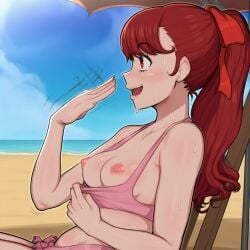 1girls ai_generated areolae auburn_hair beach bikini blush bow breasts fanning_self female female_focus flashing kasumi_yoshizawa long_hair medium_breasts open_mouth parasol persona persona_5 persona_5_royal pink_bikini pulling_down_top sumire_yoshizawa sweating