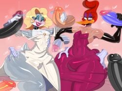 2boys ass ass_grab big_ass bird black_gloves blonde_hair blush bugs_bunny bulge bulge_through_clothing clothed clothed_female clothed_female_nude_male clothing crossdressing dialogue disembodied_hand disembodied_penis dress elbow_gloves english_text female gay gloves grabbing grabbing_another's_ass grabbing_ass gradient_background handjob huge_ass humanoid lipstick looney_tunes male male/male male_focus male_only masturbation multiple_boys penis penis_grab rabbit red_lipstick robe shark_tail smile tail tayuri text universal_studios woody_woodpecker yaoi
