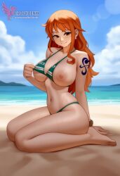 1girls 2d ai_generated areolae ass back bare_shoulders beach big_ass big_breasts bikini bikini_pull bikini_top blue_bikini blue_eyes day erophoenix female female_focus full_body jewelry long_hair looking_at_viewer nami_(one_piece) ocean one_piece orange_hair outdoors pale_skin pale_skinned_female patreon_username pointy_ears purple_hair shorts shounen_jump sitting sky smile solo swimsuit tan tan_lines thick thick_thighs uncensored