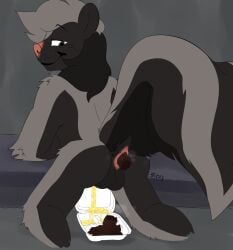 anthro anus arm_tuft artist_name ass balls bipbopstunk bipzy_(bipbopstunk) black_body black_fur black_hair bodily_fluids cheek_tuft container elbow_tuft eyebrows facial_tuft feces feces_in_container feces_pile food_container fur genital_fluids genitals grey_background grey_body grey_eyes grey_fur grey_hair hair hi_res leaning leaning_forward leaning_on_object looking_back_at_self male mammal markings mephitid narrowed_eyes peeing raised_eyebrows raised_tail scat scatplay shoulder_tuft simple_background skunk skunk_tail smile solo steam striped_markings striped_tail stripes tail tail_markings text tuft urine urine_in_container urine_pool watersports whisker_spots