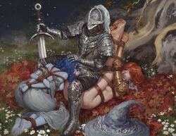 2girls armor bloody_wolf_(elden_ring) bondage bondage bound elden_ring feet gag hat malenia_blade_of_miquella multiple_girls ranni_the_witch rope sane-person sword tarnished_(elden_ring) toes weapon witch_hat