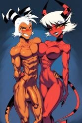 1boy 1girls 2demons abs ai_generated bare_arms bare_legs bare_shoulders bare_thighs big_breasts big_penis bikini bikini_bottom bikini_top color demon demon_boy demon_girl demon_horns demon_tail female fit_female gigiti helluva_boss hi_res large_breasts long_hair looking_at_viewer male male/female moxxie_(helluva_boss) muscles muscular muscular_female muscular_male pink_body pink_skin succubus succubus_horns succubus_tail thick_thighs verosika_mayday_(helluva_boss)