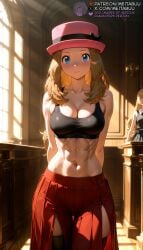 2girls _size abs ai_generated alternate_ arms_behind_back bare_shoulders black_sports_bra black_thighhighs blonde_hair blue_eyes blush bow breasts brown_hair cleavage closed_mouth collarbone female hat hat_ribbon indoors large_breasts light_rays long_hair long_skirt looking_at_viewer meitabuu midriff multiple_girls navel pink_headwear pleated_skirt pokemon red_skirt serena_(pokemon) side skirt sleeveless solo_focus sports_bra standing stomach sunbeam sunlight thigh_gap thighhighs toned window
