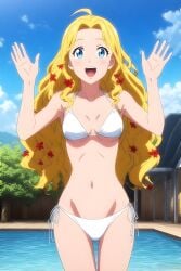 ai_generated beautiful belly_button bikini blonde_hair eve_(record_of_ragnarok) eve_(shuumatsu_no_valkyrie) happy human long_hair looking_at_viewer nude record_of_ragnarok resort shuumatsu_no_valkyrie string_bikini swimming_pool waving waving_at_viewer waving_hand white_bikini white_string_bikini