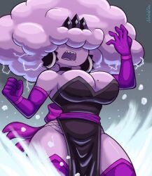 1girls big_breasts breasts casting_spell clenched_hand cloud cloud_creature cloud_humanoid female mevia_(sketchfins) one_arm_up open_mouth original original_character pointy_teeth sharp_teeth sketchfins storm