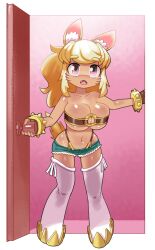 1girls animal_ear_fluff animal_ears blonde_female blonde_hair dark-skinned_female dark_skin denim denim_shorts door female female_only liru looking_at_viewer minus8 navel renkin_san-kyuu_magical_pokaan solo wolf_ears wolf_girl wolf_girl_with_you wolf_tail