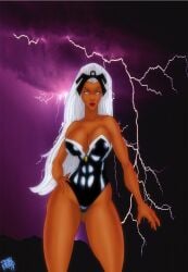 bare_shoulders breasts cleavage clothing curvy dark-skinned_female dark_skin female female female_only hand_on_own_hip kingpharoah large_breasts leotard lightning lips lipstick long_hair makeup marvel marvel_comics narrow_waist solo storm_(x-men) strapless tagme thick_thighs thighs very_long_hair white_eyes white_hair wide_hips x-men