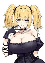 ani_(twitter) ani_(xai) arm_up black_choker black_dress black_gloves blonde_hair blue_eyes breasts choker cleavage commentary dress english_commentary female gloves grin grok_(xai) highres huge_breasts long_hair long_sleeves sky-freedom smile solo twintails twitter