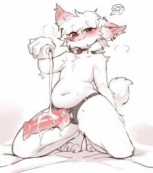 animal_genitalia animal_penis anthro biped blush canine_genitalia canine_penis closed_smile erection fingers fur genitals hi_res kneeling knot looking_at_viewer lube male mammal mostly_nude mouth_closed penis red_eyes simple_background smile solo speech_bubble swaybat tail white_body white_fur white_tail