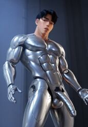 ai_generated arms_out asian_male cute_male futuristic jinu_(kpop_demon_hunters) korean_male kpop_demon_hunters male mecha metal_penis netflix penis robot robot_boy robot_penis robotic robotization standing