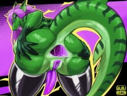 2_penises absurd_res albinion anthro anus ass clothing fish gaping gaping_anus genitals green_body green_ears green_tail hair herm hi_res intersex kelp_(blaze125) latex latex_clothing latex_legwear legwear lube lube_drip lube_on_butt lube_string marine multi_genitalia multi_penis open_anus penis purple_anus purple_background purple_eyes purple_hair purple_penis purple_tongue purple_vulva shark simple_background solo spread_butt spread_legs spreading tail tongue vulva