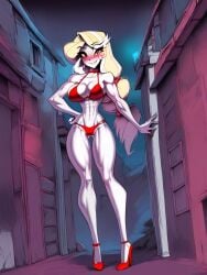 1girls abs ai_generated big_breasts bikini bikini_bottom bikini_top blonde_hair blush charlie_morningstar_(hazbin_hotel) color female fit_female gigiti hazbin_hotel hi_res large_breasts light-skinned_female light_skin long_hair looking_at_viewer red_eyes thick_thighs vivienne_medrano