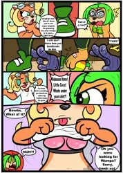 activision ami_bandicoot anthro band-aid bandage bandicoot blush border bra breasts clothed clothed_anthro clothed_female clothing clothing_lift coco_bandicoot comic crash_(series) dialogue english_text eyelashes eyewear female flicking food footwear fruit fur goggles green_eyes green_hair group hair hi_res kaokaoarts mammal marsupial mechanical_hand muscular muscular_anthro muscular_arms muscular_female nina_cortex oddkao offscreen_character orange_body orange_fur partially_clothed partially_clothed_anthro partially_clothed_female plant shirt shirt_lift shoe_removal shoes shoes_removed speech_bubble text tongue tongue_out topwear trio underwear white_border white_clothing white_shirt white_topwear wumpa_fruit
