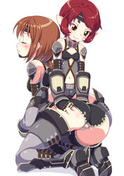 2girls armor ass ass_grab blush brown_eyes brown_hair closed_eyes elbow_gloves elf female fingerless_gloves gauntlets gloves grabbing_another's_ass greaves groping headband kneeling leotard master_of_epic multiple_girls pointy_ears red_hair senzoc smaller_female smile thighhighs white_background yuri