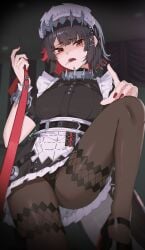 1girls absurdres black_dress black_hair black_panties breasts colored_inner_hair dress ellen_joe female femdom fins fish_tail highres leash looking_at_viewer maid maid_headdress mole mole_under_eye multicolored_hair nail_polish nvl panties pantyhose pov puffy_short_sleeves puffy_sleeves red_eyes red_hair red_nails shark_tail short_hair short_sleeves solo tail underwear viewer_on_leash zenless_zone_zero