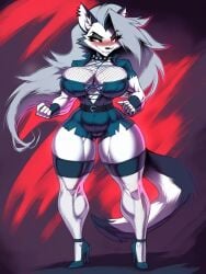 1girls abs ai_generated bare_arms bare_legs bare_shoulders bare_thighs big_breasts clothed clothing color female female_focus female_only fit_female furry furry_female gigiti hellhound helluva_boss hi_res large_breasts long_hair looking_at_viewer loona_(helluva_boss) muscles muscular muscular_female red_eyes solo solo_female thick thick_thighs white_hair wolf wolf_ears wolf_girl wolf_tail