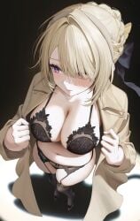 1girls absurdres alternate_costume black_background black_bra black_garter_belt black_panties black_thighhighs blonde_hair blush bra breasts brown_coat cleavage closed_eyes coat evelyn_chevalier female from_above full_body garter_belt highres kkuni large_breasts long_sleeves mole mole_under_eye navel open_clothes open_coat panties purple_eyes simple_background solo stomach thighhighs thighs underwear zenless_zone_zero