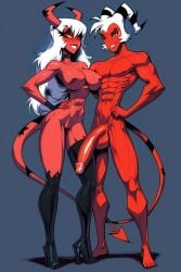 1boy 1girls 2demons abs ai_generated bare_arms bare_legs bare_shoulders bare_thighs big_breasts big_penis bikini bikini_bottom bikini_top color demon demon_boy demon_girl demon_horns demon_tail female fit_female gigiti helluva_boss hi_res large_breasts long_hair looking_at_viewer male male/female moxxie_(helluva_boss) muscles muscular muscular_female muscular_male pink_body pink_skin succubus succubus_horns succubus_tail thick_thighs verosika_mayday_(helluva_boss)