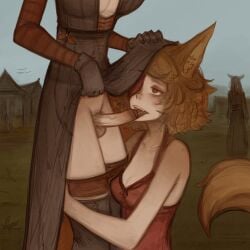 2025 animal_humanoid balls big_breasts bottomless bottomless_humanoid breasts building canid canid_humanoid canine canine_humanoid cleavage clothed clothed_humanoid clothing detailed_background faceless_character fangs female fox_humanoid futa/female futanari genitals gloves group handwear hi_res house humanoid humanoid_genitalia humanoid_on_humanoid humanoid_penis inner_ear_fluff intersex intersex/female legwear licking mammal mammal_humanoid oral penile penis penis_lick sex standing syvaron tail teeth thigh_highs tongue trio tuft