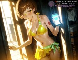 ai_generated atlus bare_arms bare_shoulders bikini bikini_skirt blush breasts brown_eyes brown_hair cellphone cleavage closed_mouth collarbone cowboy_shot dutch_angle female glasses halterneck holding holding_phone indoors locker looking_at_viewer medium_breasts meitabuu nail_polish navel persona persona_4 phone satonaka_chie shiny_skin short_hair smartphone solo standing stomach sweat swimsuit tattoo thigh_gap wet yellow-framed_eyewear yellow_bikini