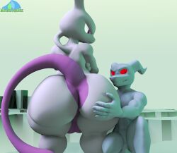 2025 3d_(artwork) albalbalb alien anthro ass balls big_butt crossed_arms crouching digital_media_(artwork) duo earthbound_(series) frown_eyebrows frowning_at_partner generation_1_pokemon genitals gieeg giygas grin hand_on_butt hi_res huge_butt legendary_pokemon looking_at_another looking_at_partner looking_at_viewer male mewtwo muscular muscular_male nintendo penis pokemon pokemon_(species) purple_balls purple_body purple_eyes purple_skin purple_tail red_eyes simple_background smile smiling_at_viewer standing tail teeth_showing watermark white_body white_skin wide_hips