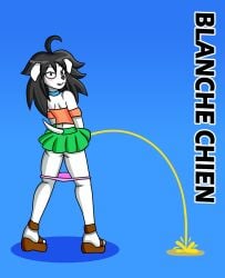 ankle_strap_heels anthro ass blanche_chien blush bodily_fluids bottomwear canid canine canis clothed clothing clothing_around_legs clothing_lift daceking digital_media_(artwork) domestic_dog feet female footwear fur genital_fluids hair hi_res high_heeled_sandals high_heels innocent_expression licking licking_lips looking_at_viewer mammal marking_territory mischievous panties panties_around_legs panties_down partially_clothed peeing power_pissing sandals shoes skirt skirt_lift smile solo standing_pee tail tongue tongue_out topwear tube_top underwear underwear_around_legs underwear_down urine urine_stream white_body