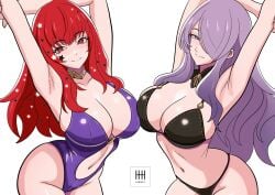 2girls alluring arm_up big_breasts bikini black_bikini camilla_(fire_emblem) cleavage clothing_cutout fire_emblem fire_emblem_engage fire_emblem_fates fire_emblem_warriors hair_over_one_eye halterneck high_res ihsnet intelligent_systems long_hair multiple_girls navel navel_cutout nintendo purple_bikini purple_hair red_hair smile swimsuit thick_thighs thighs yunaka_(fire_emblem)