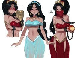 1girls aladdin aladdin_(1992_disney_film) belly_dancer belly_dancer_outfit big_breasts black_hair brainwashing breasts chains crown cuffs dark-skinned_female dark_skin disney female female_only handcuffs hypnosis jewelry navel_piercing no_text ponytail princess princess_jasmine ratatatat74 red_eyes restrained shackles tiara white_background