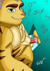 2boys abs absurd_res anal anthro ass balls bodily_fluids breasts digital_media_(artwork) erection fur genital_fluids genitals glory_hole green_eyes hi_res lombax male male/male male_only mammal muscular muscular_male nude pecs penetration penis penis_drawing playstation ratchet_(ratchet_and_clank) ratchet_and_clank rockeythelombax selfie sex smile solo sony_corporation sony_interactive_entertainment veiny_penis yellow_body yellow_fur