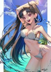 1girls absurdres bare_shoulders beach big_breasts bikini black_hair blue_sky breasts cleavage collarbone earrings fate/grand_order fate_(series) female female_only hair_ribbon highres hoop_earrings ishtar_(fate) jewelry kkuni light-skinned_female light_skin long_hair looking_at_viewer medium_breasts navel ocean open_mouth parted_bangs red_eyes ribbon sky smile solo swimsuit tiara two_side_up water white_bikini