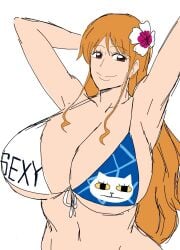 1girls 2d 2d_(artwork) 2d_artwork arms_up big_breasts bikini bikini_top breasts breasts_bigger_than_head brown_eyes brown_eyes_female digital_drawing_(artwork) digital_media_(artwork) female female_focus female_only flower_in_hair human large_breasts light-skinned_female light_skin long_hair long_hair_female looking_at_viewer looking_pleasured mature mature_female momiji_(artist) nami nami_(one_piece) one_piece one_piece_film_gold orange_hair orange_hair_female pirate pirate_girl post-timeskip smile smiling smiling_at_partner solo solo_female solo_focus white_background