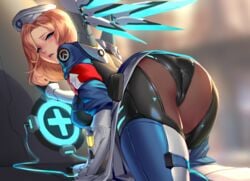 alternate_costume ass beret blizzard_entertainment blonde_hair blue_eyes blush cameltoe cianyo combat_medic_ziegler female female_only looking_at_viewer looking_back mechanical_wings mercy overwatch panties solo