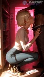 1boy ace_(playing_card) ace_of_hearts ai_generated asymmetrical_hair balls black_shirt blonde_hair blue_eyes blue_pants blush breasts card clothes_pull colored_shoe_soles dark-skinned_male dark_skin denim eyebrow_piercing fellatio female from_side gwen_stacy gwen_stacy_(spider-verse) hand_on_another's_head hand_on_another's_thigh heart high_heel_boots high_heels indoors interracial jeans long_sleeves male male_underwear_pull marvel marvel_comics medium_breasts meitabuu oral pants pants_pull penis platform_footwear platform_heels playing_card saliva shirt short_hair small_breasts solo_focus spade_(shape) spider-gwen spider-man:_across_the_spider-verse spider-man:_into_the_spider-verse spider-man_(series) squatting stiletto_heels straight testicles tongue tongue_out veins white_shirt