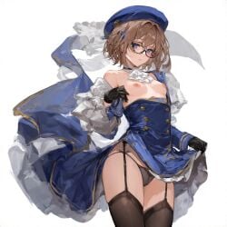 ai_generated ascot beret black_glasses black_gloves black_thighhighs blue_eyes blue_headwear breasts brown_hair cowboy_shot dated female garter_straps gloves hat kt_(real_kt) long_sleeves looking_at_viewer military military_uniform self_insert self_upload short_hair simple_background small_breasts solo thighhighs tight_skirt topless uniform white_ascot white_background