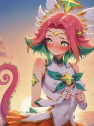 ai_generated blush breasts chameleon female green_eyes heart-shaped_pupils league_of_legends league_of_legends:_wild_rift multicolored_hair neeko orange_hair pink_hair riot_games sacredstar short_hair skirt small_breasts solo star star_guardian_neeko star_guardian_series tail