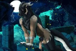 animal_genitalia animal_penis anthro anthro_peeing arm_tuft balls black_body black_claws black_fur black_penis bodily_fluids bracelet casual_urination cheek_tuft claws detailed_background elbow_tuft ember_(trey.embershade) equine_genitalia equine_penis erection facial_horn facial_tuft felkin finger_claws full_moon fur genital_fluids genitals hi_res horn hybrid_genitalia hybrid_penis i-psilone jewelry knot knotted_equine_penis knotted_penis leaning leaning_forward leaning_on_object looking_at_viewer male male_anthro male_peeing medial_ring medial_ringed_hybrid_penis moon multicolored_body multicolored_fur multicolored_penis nature nature_background night nose_horn nude_anthro nude_male peeing penis plant solo star tail tan_balls tan_body tan_fur tan_penis tree tuft urine urine_drip urine_stream watersports white_body white_fur wristband