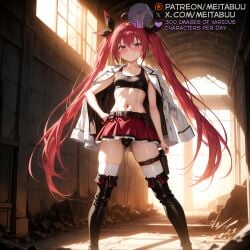 _long_hair ahoge ai_generated ass_visible_through_thighs belt black_footwear black_panties black_sports_bra blush boots breasts cameltoe closed_mouth date_a_live female full_body hair_between_eyes hand_on_own_hip holster indoors itsuka_kotori jacket jacket_on_shoulders long_hair looking_at_viewer meitabuu midriff miniskirt navel panties pleated_skirt red_eyes red_hair red_skirt ribbon ruins skirt small_breasts smile solo sports_bra standing stomach sunlight thigh_boots thigh_pouch thigh_strap thighhighs thighhighs_under_boots thighs twintails underwear white_jacket white_thighhighs window