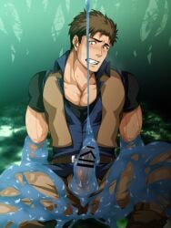 1boy ambush_(trap) balls balls_out biceps big_penis blush brown_hair censor_bar censored censored_penis clenched_teeth duo erection foreskin foreskin_folds forest frenulum frown gay hi_res legs_apart looking_at_penis male male_only male_rape_victim mature_male monster murakami_tarosu muscles muscular muscular_arms muscular_male original original_character outdoors pecs penis penis_out pointless_censoring pubic_hair raped raped_by_monster restrained restrained_arms restrained_legs retracted_foreskin reverse_rape short_hair sitting slime slime_on_arm slime_on_body slime_on_leg slime_on_penis swamp sweat sweatdrop thick_penis thisarmor uncircumcised uncut unzipped unzipped_pants veiny_penis vest wince