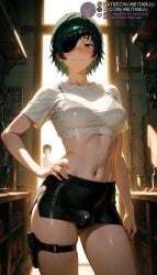 1boy 2girls abs ai_generated black_bra black_hair black_skirt blue_eyes blush bra breasts bulge chainsaw_man closed_mouth contrapposto covered_penis crop_top cropped_shirt erection_under_clothes eyepatch futanari green_hair hand_on_own_hip himeno_(chainsaw_man) holster indoors looking_at_viewer medium_breasts meitabuu midriff miniskirt multiple_girls navel shirt short_hair short_sleeves skindentation skirt smile solo_focus standing stomach thigh_holster thigh_strap thighs underwear white_shirt