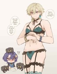 2boys aventurine_(honkai:_star_rail) blush color dialogue dr._ratio_(honkai:_star_rail) honkai:_star_rail lingerie thick_thighs