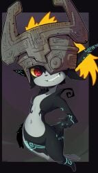 1girls breasts fantasy female full_body glowing_markings grey_skin highres imerald_ long_ears looking_at_viewer mask midna navel nintendo oerba_yun_fang one_eye_closed orange_hair red_eyes safe_for_work shortstack small_breasts small_female smile the_legend_of_zelda the_legend_of_zelda:_twilight_princess tummy