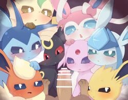 ambiguous_gender black_body blue_body blush brown_body eevee eeveelution erection espeon feral flareon fur generation_1_pokemon generation_2_pokemon generation_4_pokemon generation_6_pokemon genitals glaceon hi_res himimi jolteon leafeon looking_at_viewer male mammal nintendo nude orange_body penis pokemon pokemon_(species) sylveon umbreon vaporeon yellow_body