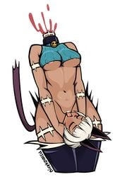 animal_ears autocunnilingus bell blood blush breasts cat_ears cat_tail choker closed_eyes collar crop_top dark_skin erect_nipples female headless lab_zero_games monster_girl nadia_fortune nicekotatsu scar skullgirls tail tongue underboob wardrobe_malfunction white_hair